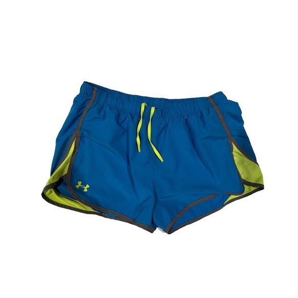 Under Armour Womens HeatGear Running Short Drawstring Blue lime green Sz Large - Picture 1 of 6